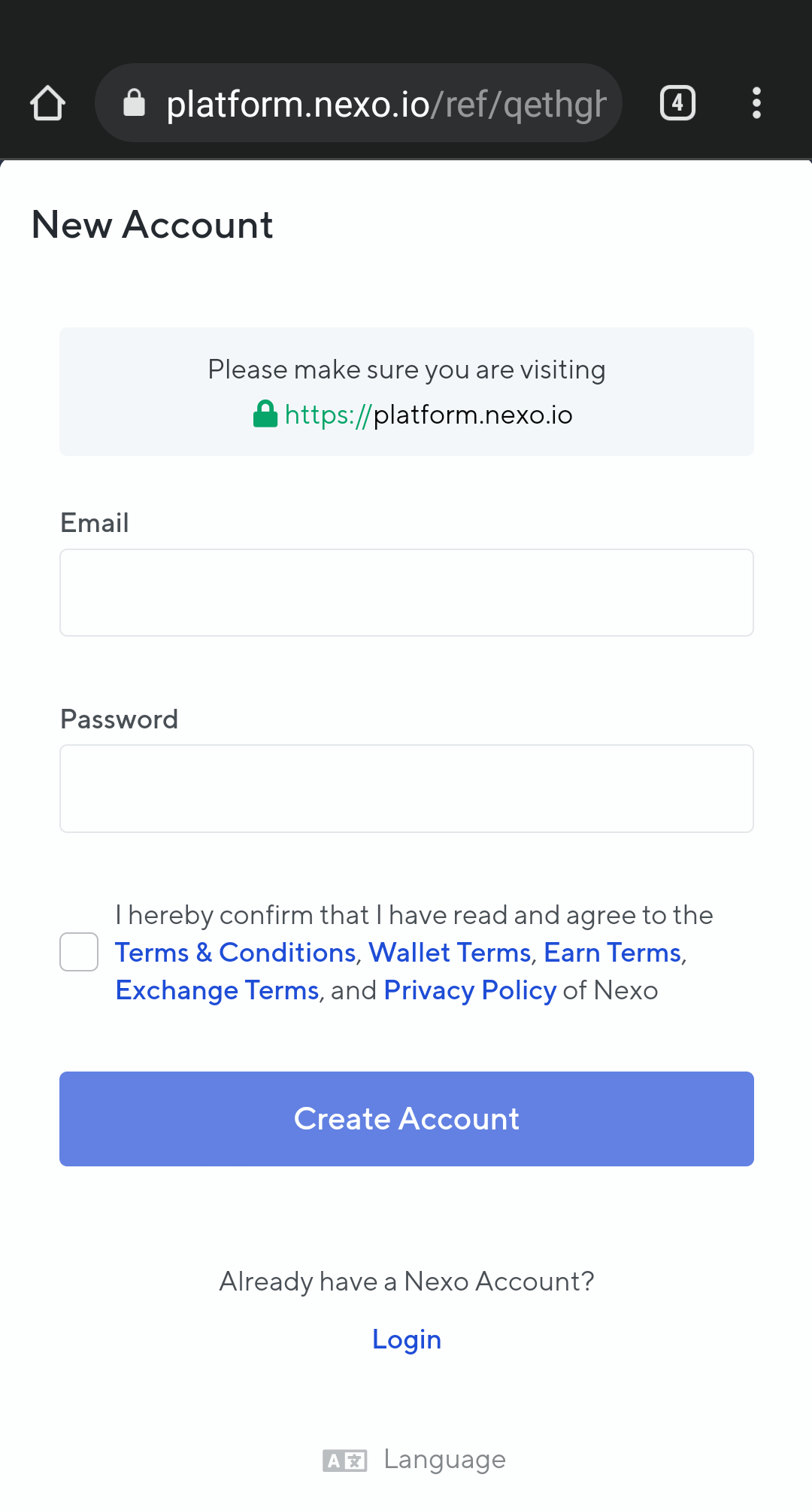 Nexo signup page